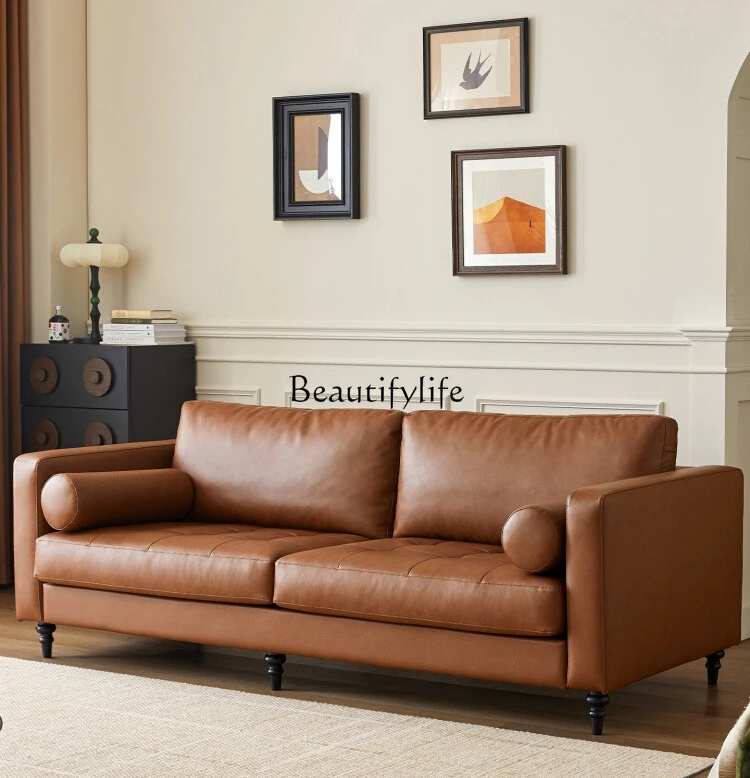 

French retro ecological leather sofa 2 home antique multi-person straight row sofa