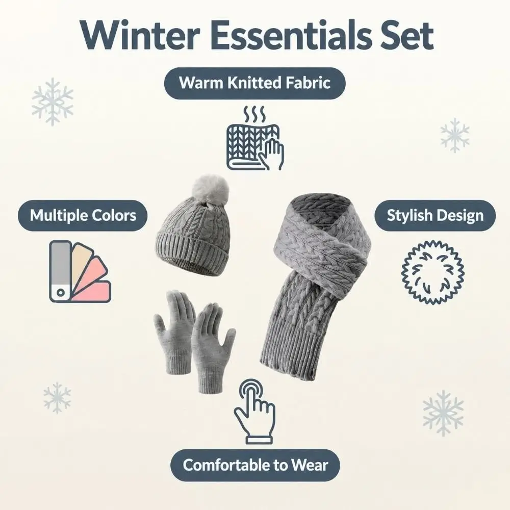 3Pcs/Set Warm Winter Hat Scarf Gloves Set Thicken Windproof Scarf Neck Warmer Suit Knitted Elastic Touchscreen Gloves Unisex