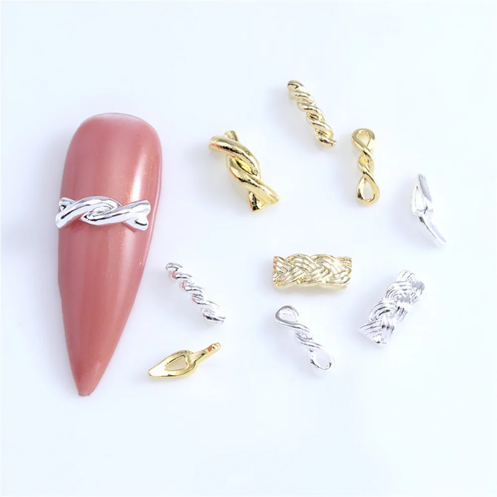 20Pcs Japanese 3D Twist Alloy Nail Art Charms Golden Silver Glitter Alloy Stud Accessories Rope Belt Knots Nail Parts Decoration