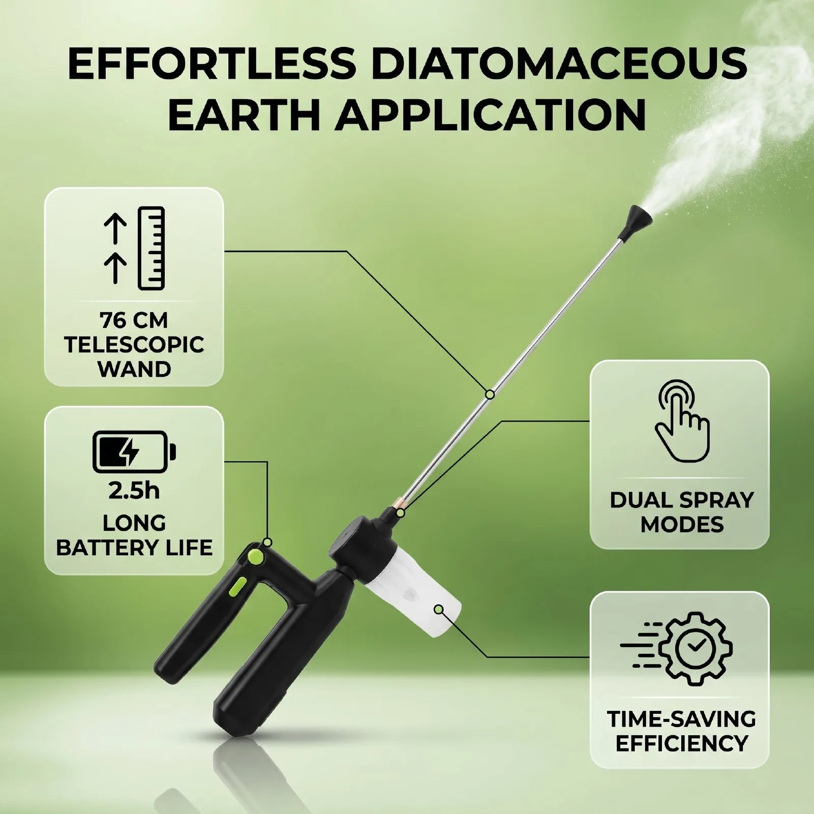 Diatomaceous Earth Duster Multi Purpose Portable Battery Operated Powder Sprayer with Telescopic Wand for Fruit Trees