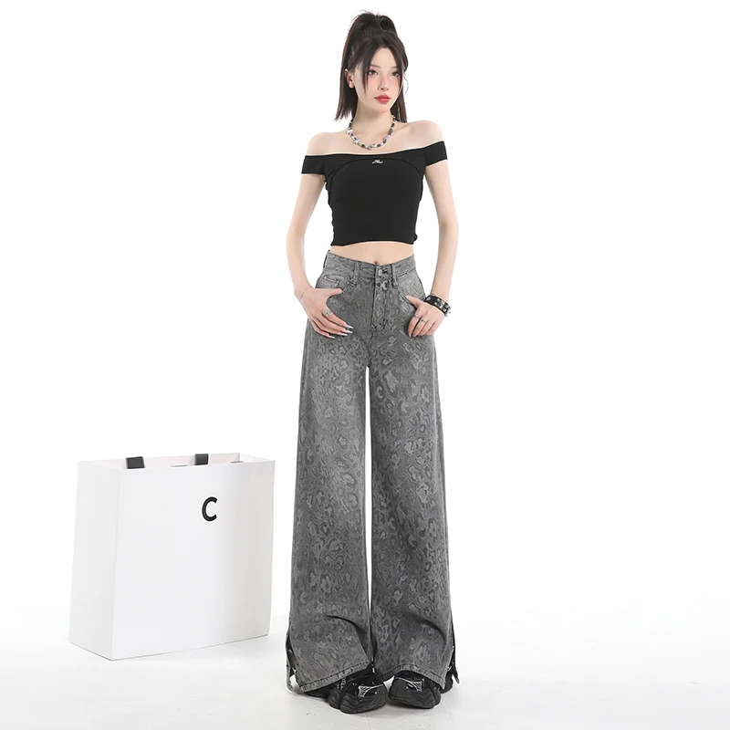 

Брюки Y2k, джинсы для женщин, новые свободные брюки с леопардовым принтом, широкие брюки, прямые брюки в американском стиле ретро, винтажный дизайн