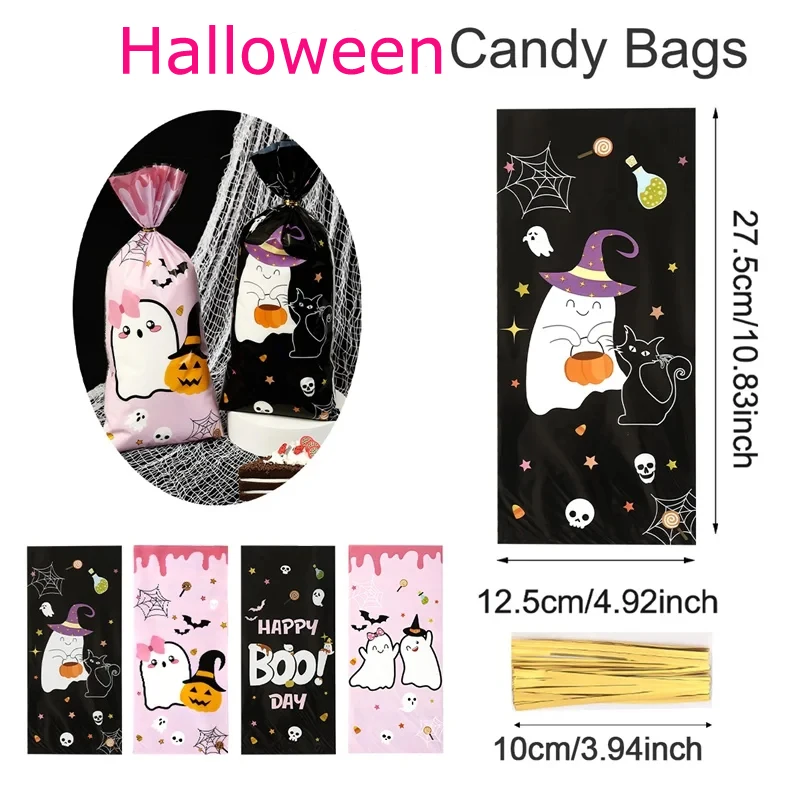 10/50pcs Pink Black Halloween Candy Treat Bags, Little Boo Gift Bags For Halloween Theme Kids Birthday Baby Shower Party Supplie