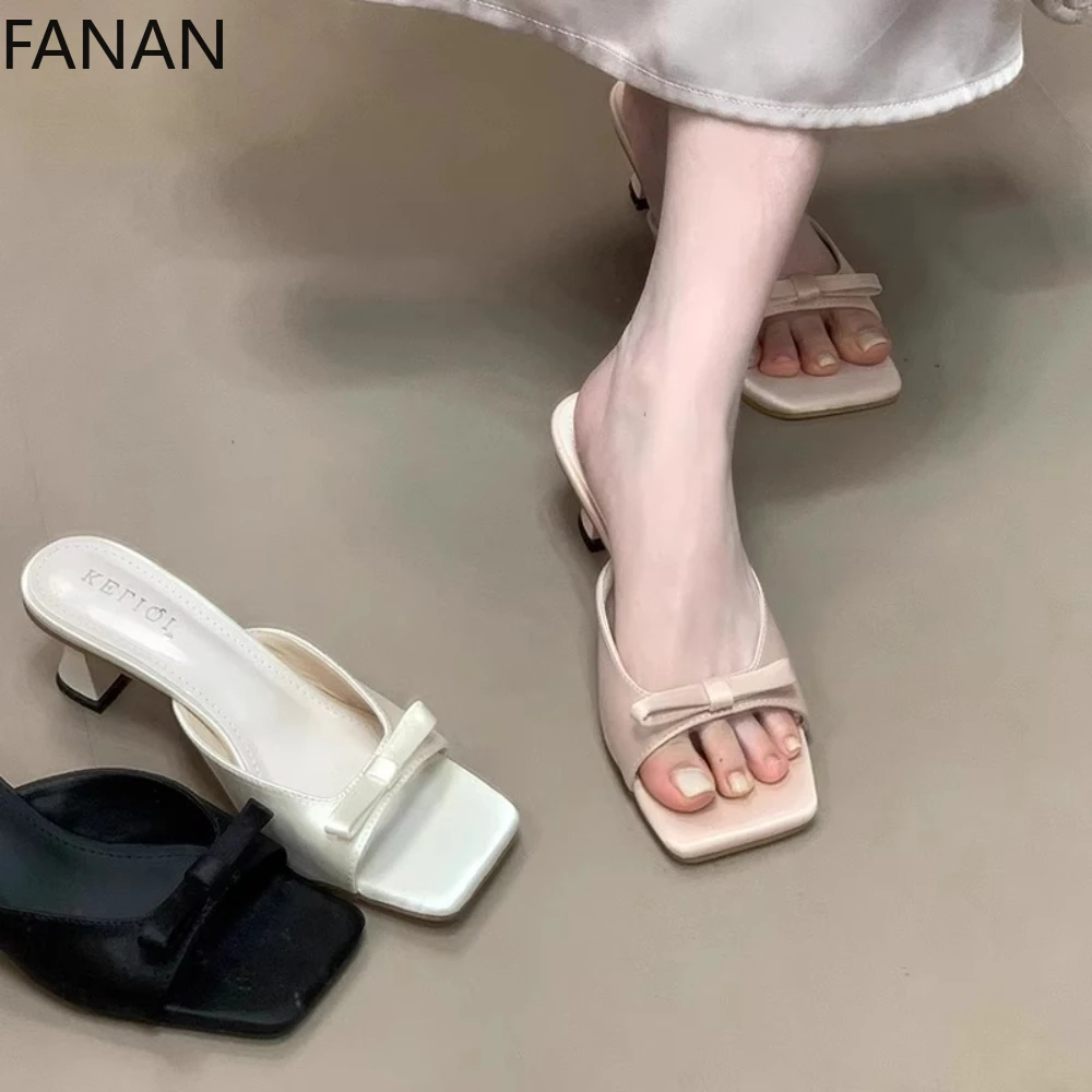 

Сандалии на высоком каблуке Sweet Bow, розовые тапочки с квадратной головкой и открытым носком, женские летние сандалии 2023 года с бантом принцессы 4 см, обувь