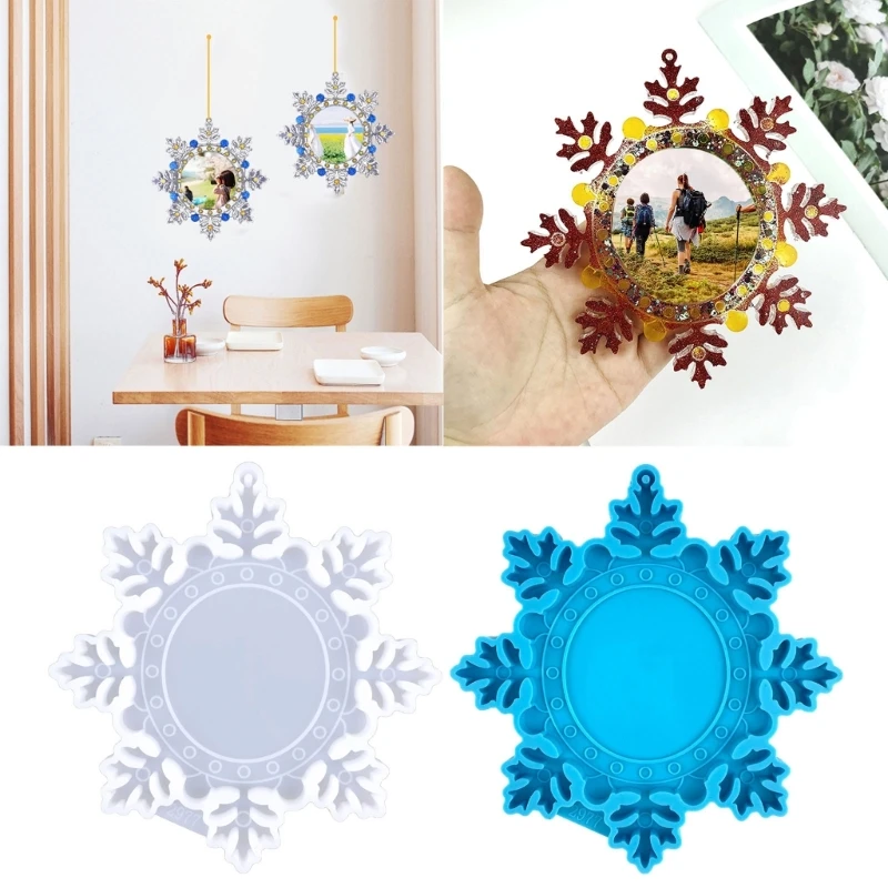 R3MC Snowflake Photo Frame Drop Glue Mold Diy Christmas Decor Snowflake Photo Frame Pendant Desktop Ornament Silicone Mold