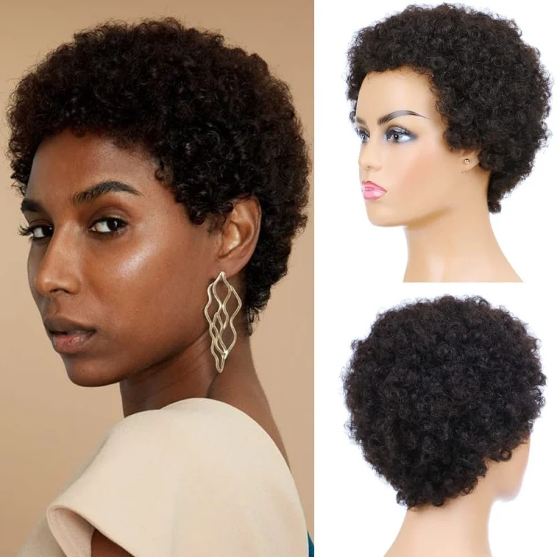 

Short Pixie Cut Wig Afro Kinky Curly Human Hair Wig, Fluffy Glueless Natural Black Wig for Women