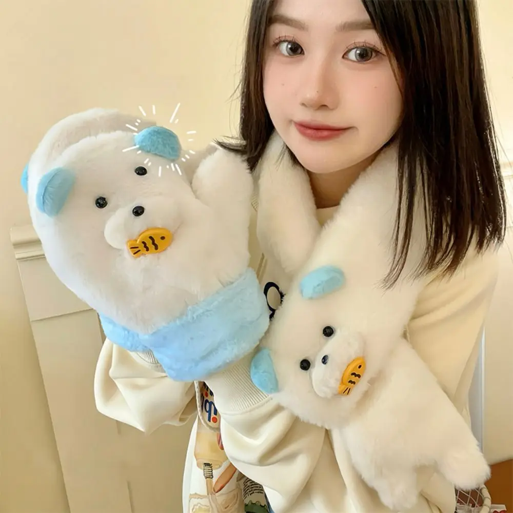 Finger Gloves Bear Earmuff Scarf Eat Fish Thickened Winter Plush Earflap Hanging Rope Windproof Plush Scarf Glove Set Cycling