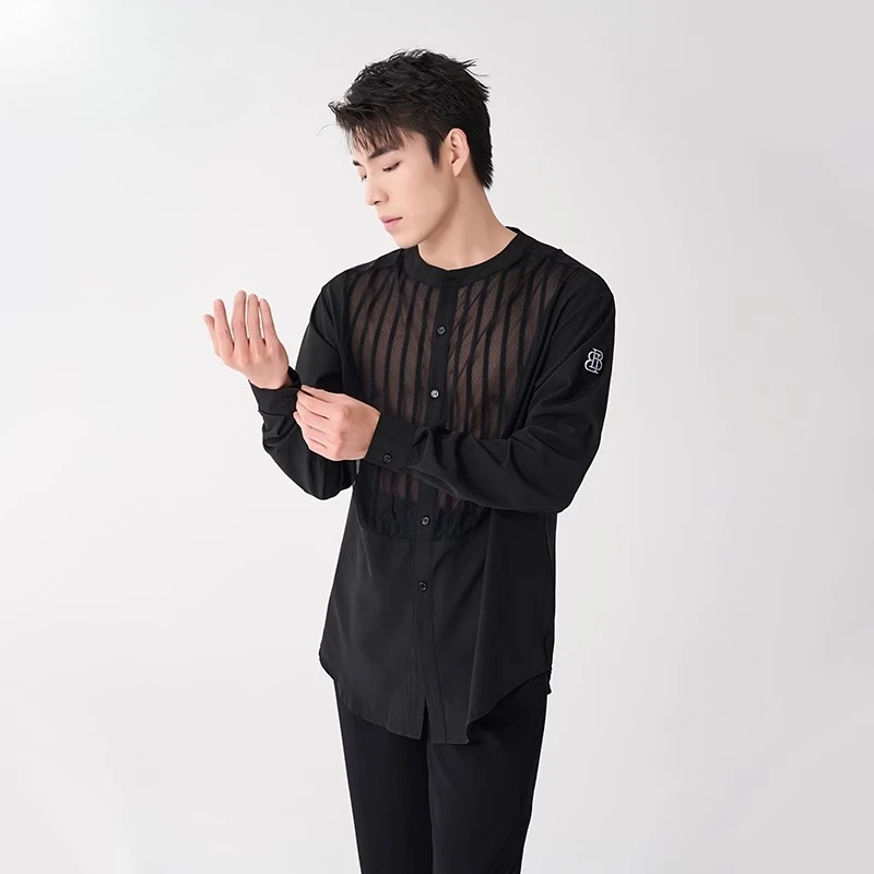 Maßgeschneiderte lateinamerikanische Gesellschaftstanzkleidung für Herren, hochwertiger professioneller Übungsanzug, langärmelige Oberteile, Performance-Kostüme