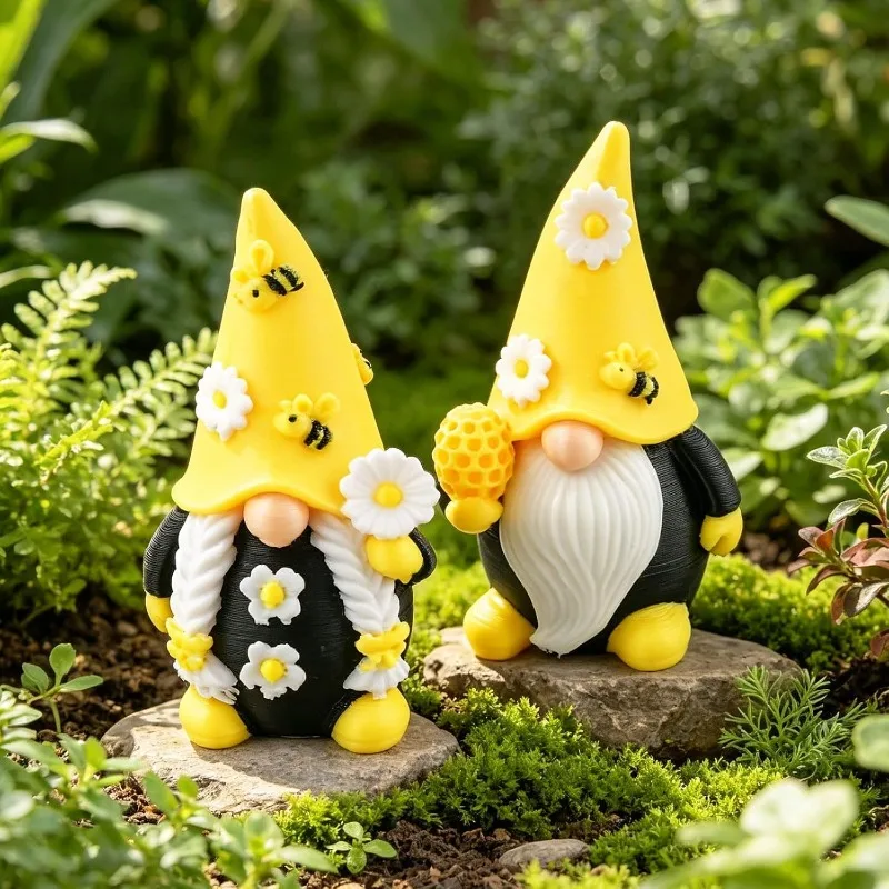 3D Printed Gnomes, 2PCS Bee & Daisy Spring Garden Figurine | Indoor Outdoor Home Decor for Kitchen, Yard, Summer Gnomes Gifts