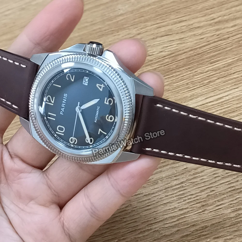 Parnis 41mm cristallo di zaffiro quadrante nero cinturino in pelle NH35 NH34 orologio meccanico automatico da uomo orologio da polso impermeabile da uomo