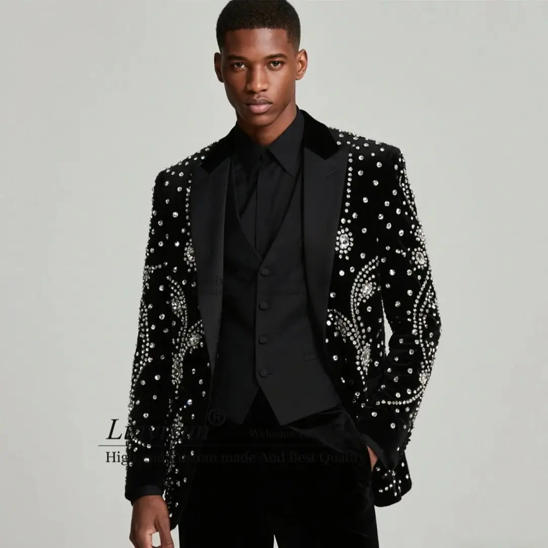 

Handsome Slim Fit Men Suits Customized Diamond Rhinestones Party Ternos Completo 3 Pieces Sets Wedding Groom Male Prom Blazer