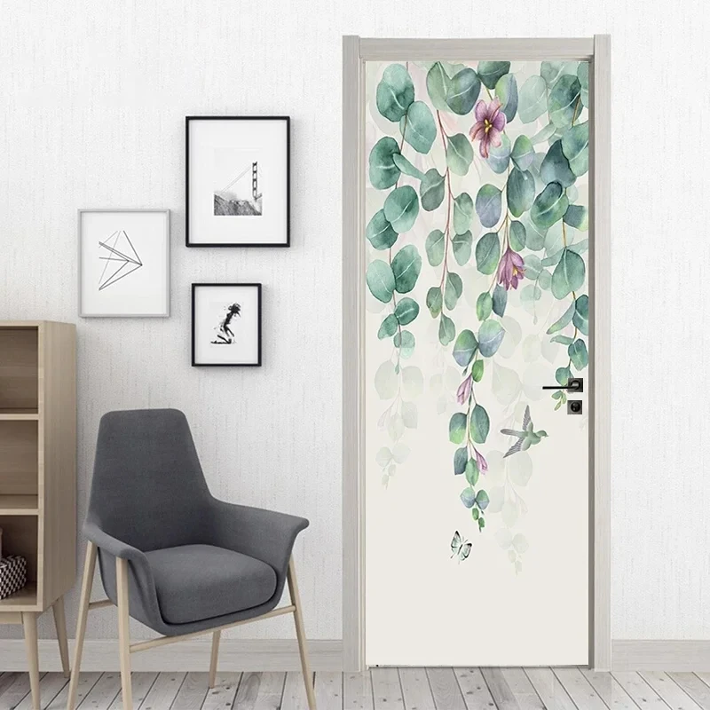 Tropical Flowers Door Sticker Palm Leaf Flower Door Decals Self Adhesive Wallpaper Watercolor Floral Poster Mural Bedroom Decor