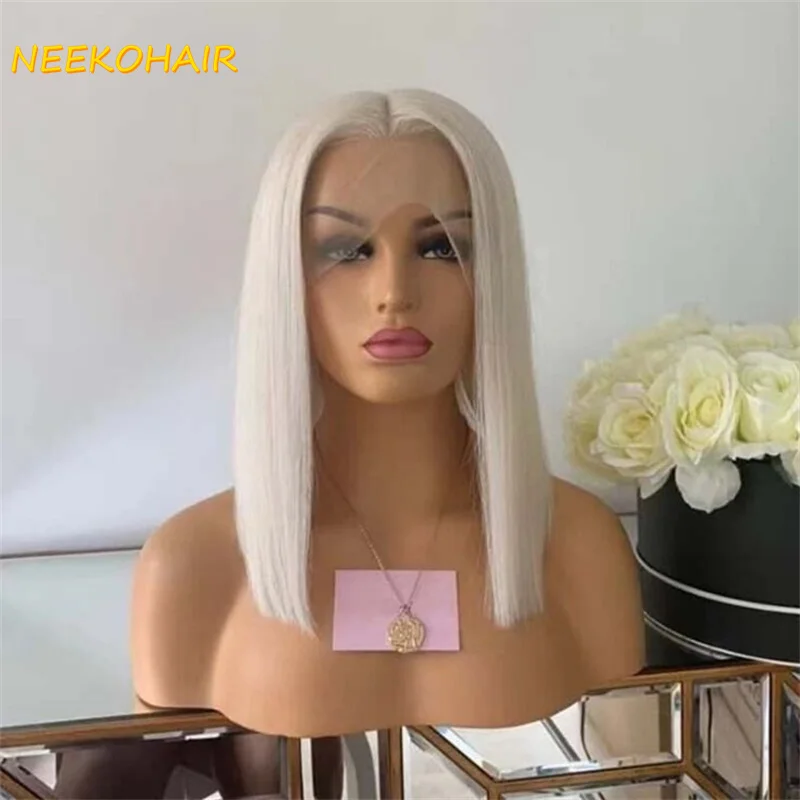 13x4 #60 Color Platinum Blonde Short Bob Wigs Lace Front Wig Human Hair With Pre Plucked Brazilian Ash Blonde Straight  Bob Wig