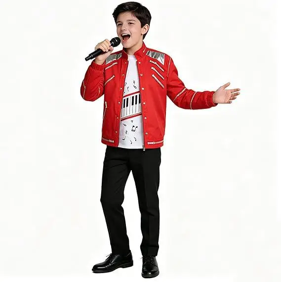 Michael Jackson Beat It Cosplay Costume 4-15T MJ Impersonator PU Leather Punk Coat Red Zipper Jacket Pant Set Halloween Stage - view 6