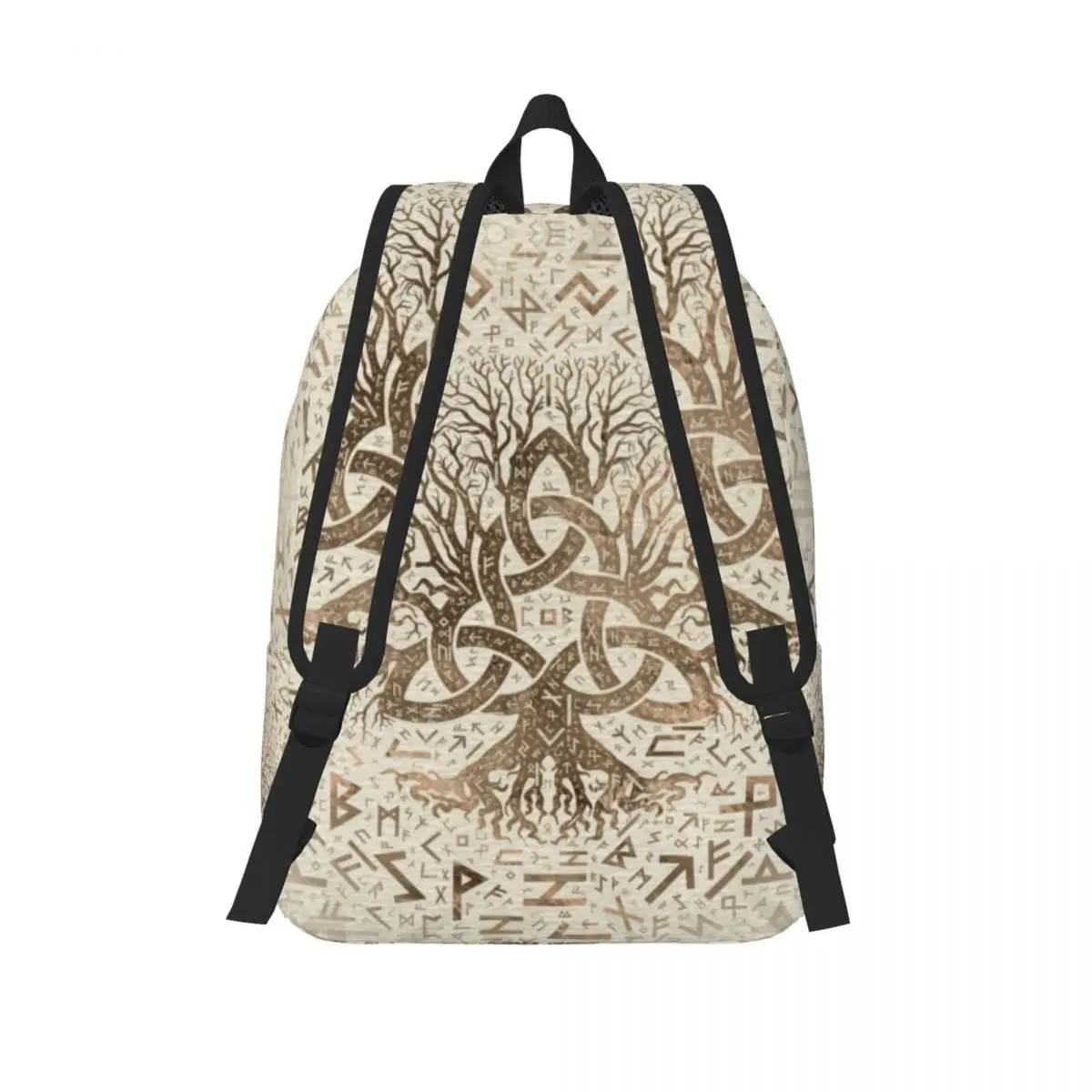 Pohon Kehidupan dengan Triquetra dan Futhark Pastel Gold kanvas ransel tas buku kasual untuk kuliah Viking Norse Yggdrasil tas