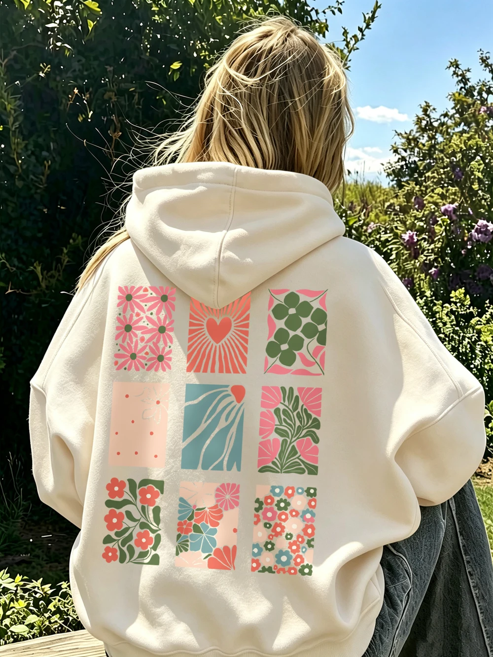 Floral Heart Abstract Botanical Printed Hoodies Women Basics Loose Sweatshirts Winter Fleece Warm Pullover Street Casual Clothes