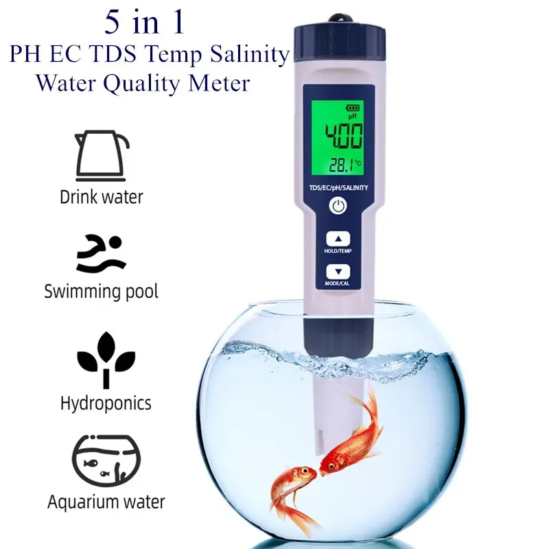 5 in 1 EC TDS Salinity Temperature PH Meter Water Quality Tester for Food Beverages Salt Content Aquarium Seawater ATC Meter