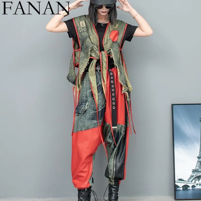 2024 Spring Summer New Cool Distressed Denim Patchwork Irregular Vest + Hanging Crotch Pants Two-piece Set Women LX076