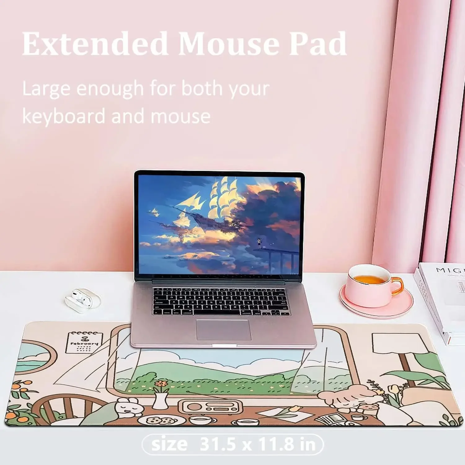 لوحة ماوس لطيفة ممتدة كبيرة باللون البيج الباستيل لتزيين مكتب المكتب للنساء والفتيات مقاس 31.5 × 11.8 بوصة للكمبيوتر المحمول