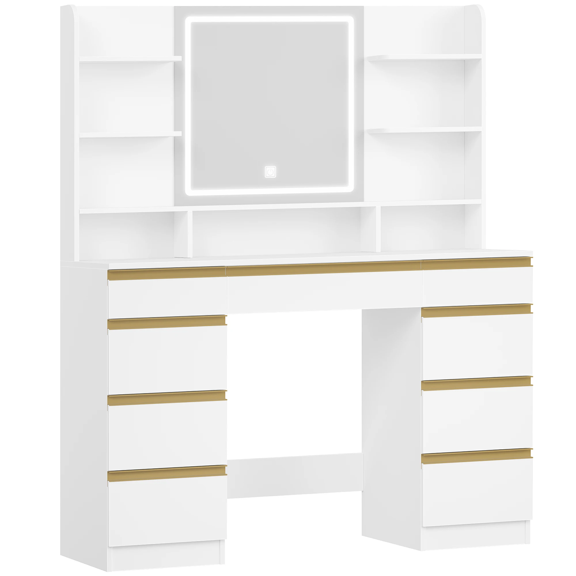 Kaptafel met LED-verlichting, 3 kleuren, helderheidsregeling, kaptafel met spiegel, 9 laden, 9 open planken