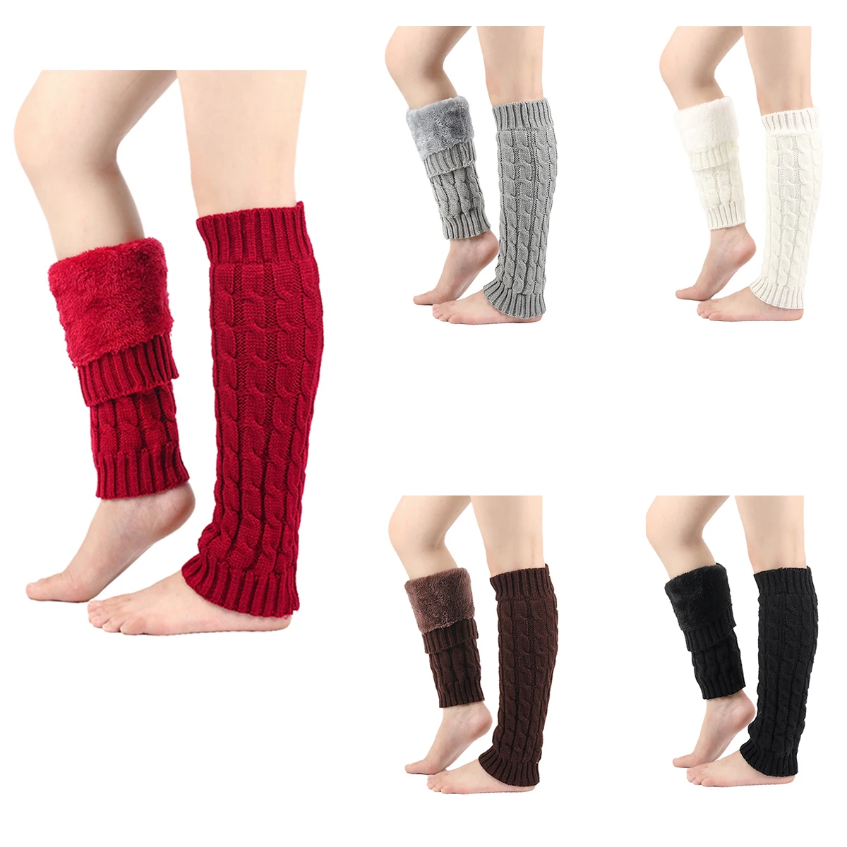 Womens Fleece Leg Warmer Autumn Winter Solid Color Braided Warm Leggings Knee Length Knitted Boot Socks Leg Sleeve