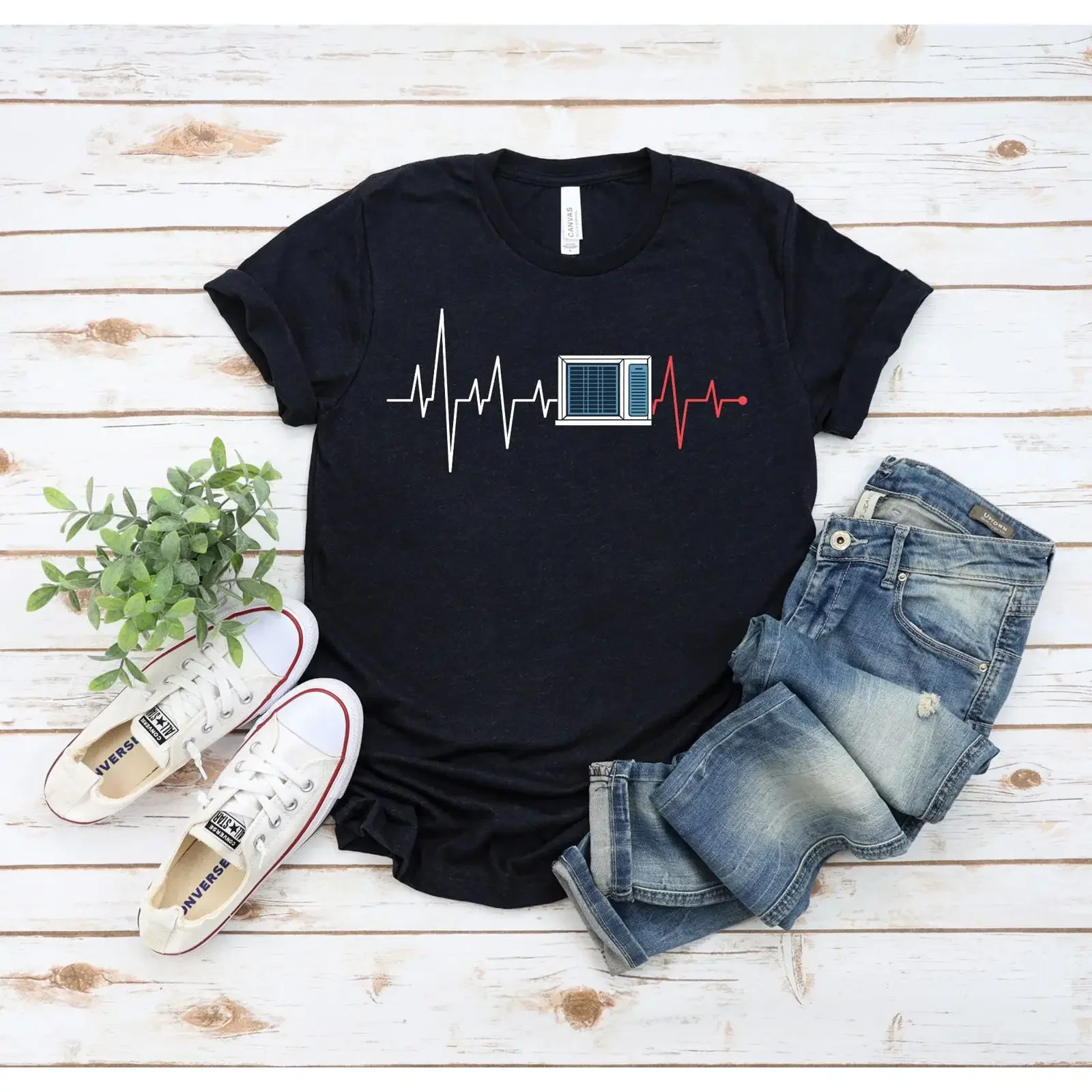 Fun HVAC Technician T shirt Professional Repairman EKG Heartbeat Engineer Heartline Pulse Profession vintage Washed fashion