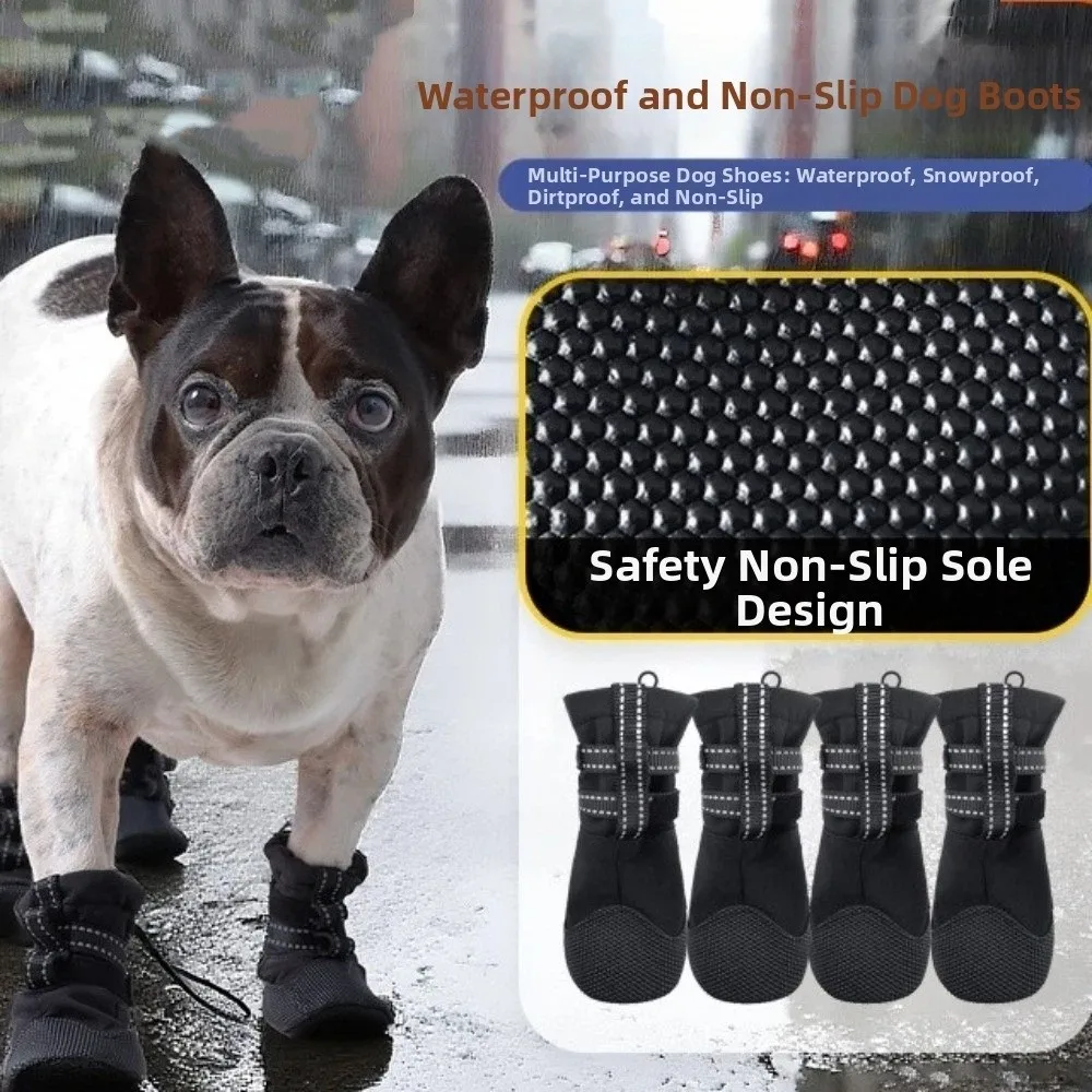 

4pcs/set Reflective Waterproof Dog Shoes Warm Breathable Wound Recovery Boot Wear Resistant Adjustable Anti-Slip Dog Boots