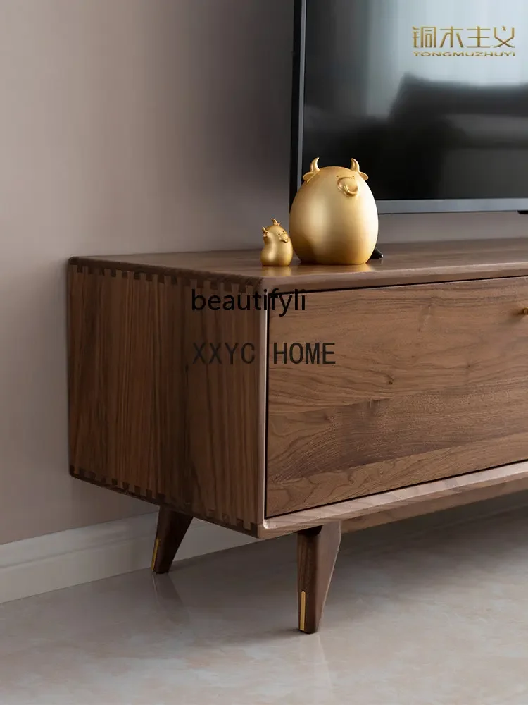 Living Room Furniture TV Cabinet and Tea Table Black Walnut Solid Wood Modern Minimalist Nordic Log Style