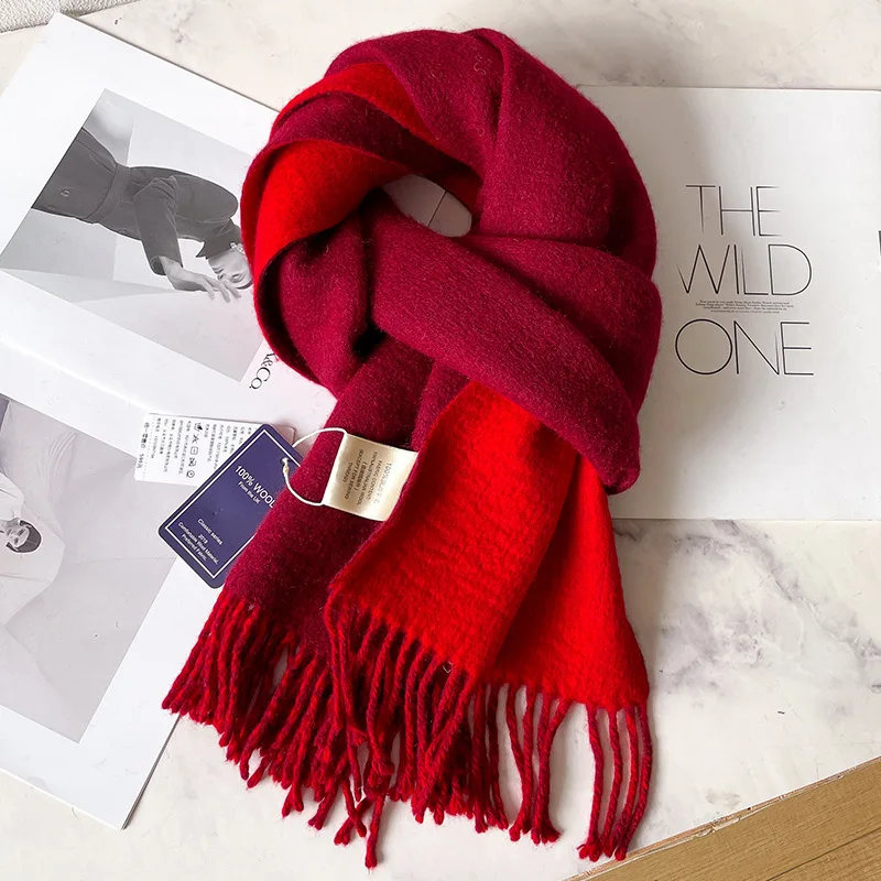 100% Wool Scarf Women Autumn Winter Long Oversized Wrap Neck Warmer Cold Weather Double-sided Contrasting Colors Scarves Bufanda