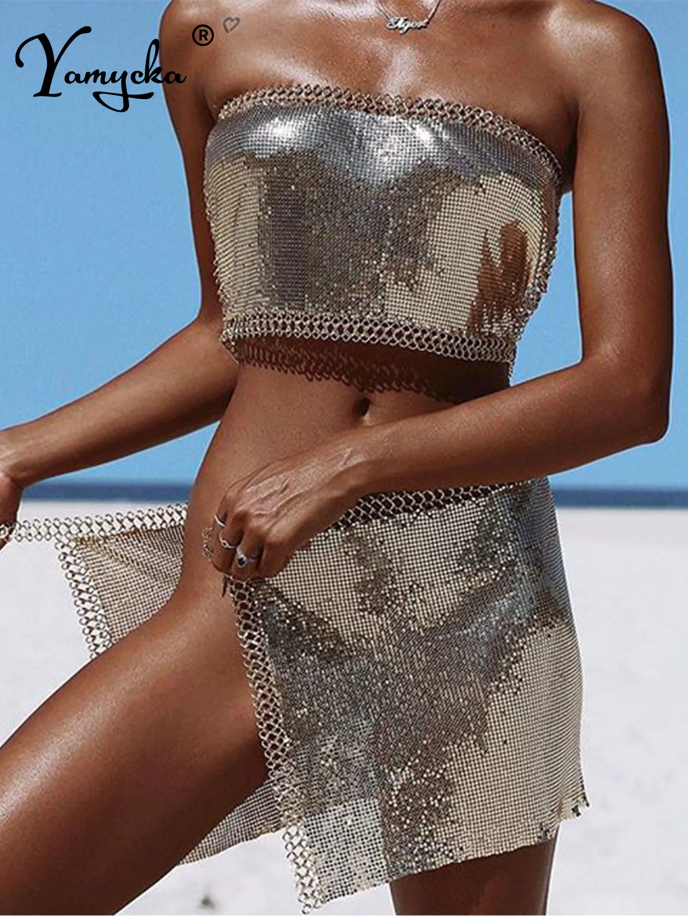 Vestido Sexy de verano con lentejuelas de metal negro para mujer, vestidos de fiesta de lujo para club nocturno, mini vestido ajustado para playa, conjuntos de vestidos y2k 2025