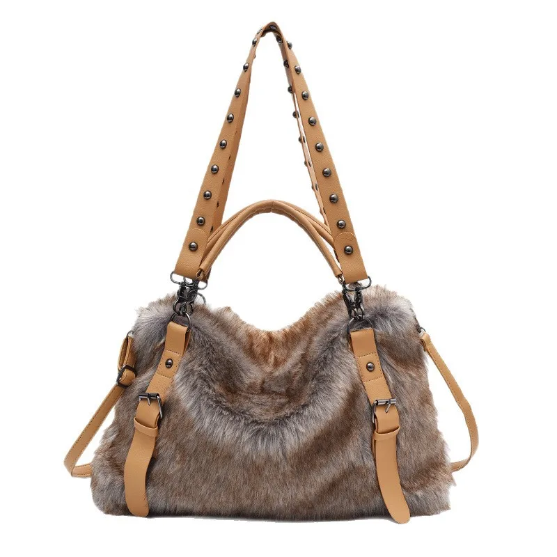 

Women's Large Capacity Faux Fur Plush Handbag Ruched Handle Lady Shoulder Crossbody Bag Chic Winter Tote for Femininas