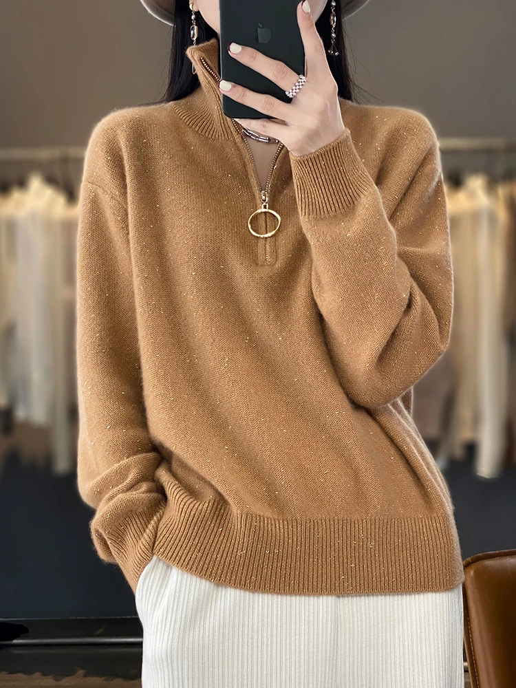 Mulheres outono inverno grosso pulôver turn down collar com zíper design 100% lã merino camisola de malha confortável quente topos