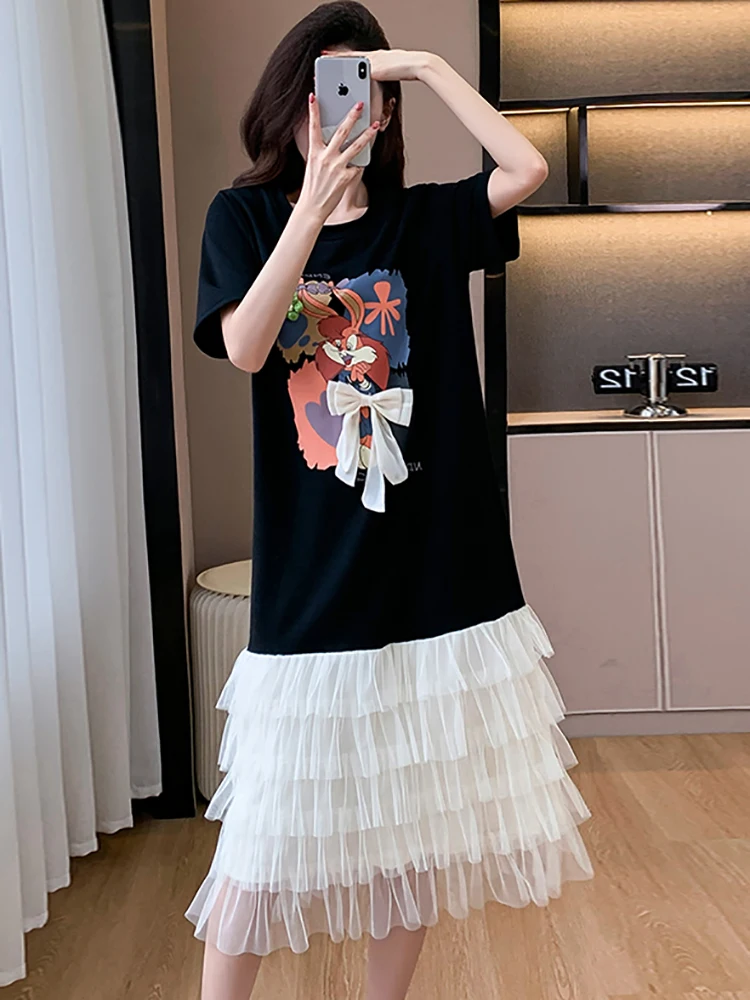 Feminino coreano moda casual vestido de férias verão preto impressão dos desenhos animados arco y2k vestido 2025 novo elegante retalhos malha em camadas vestido