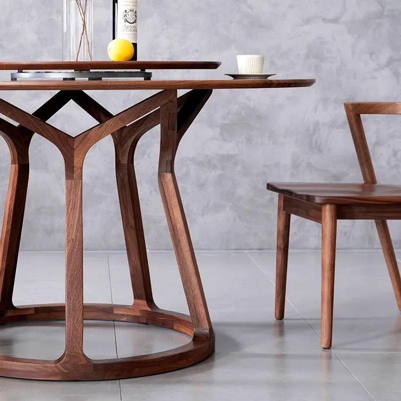 Black walnut round all solid wood dining round table household turntable chair combination large round table