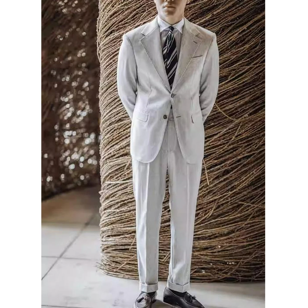 Stage Costume Men's Two Piece Suit Elegant and Slim Summer Thin Breathable Linen Fabric Blazers Man Suits Male Full Mens Wedding