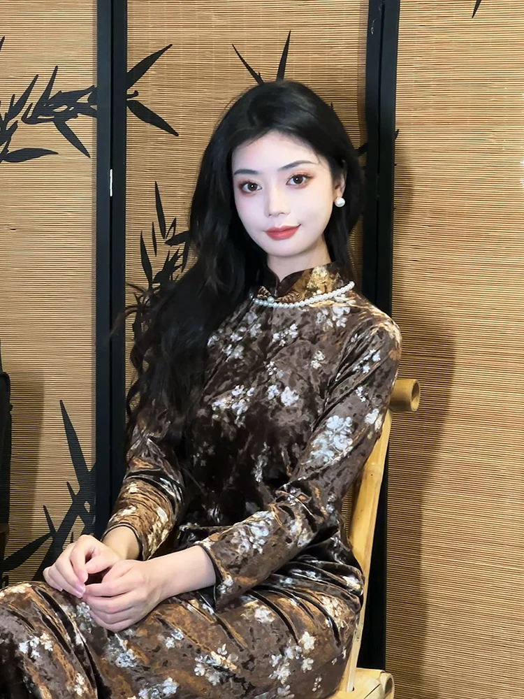 

Вельветовое платье с длинным рукавом для женщин: винтажный стиль, высокое качество, повседневная носка, осень-зима, китайский стиль