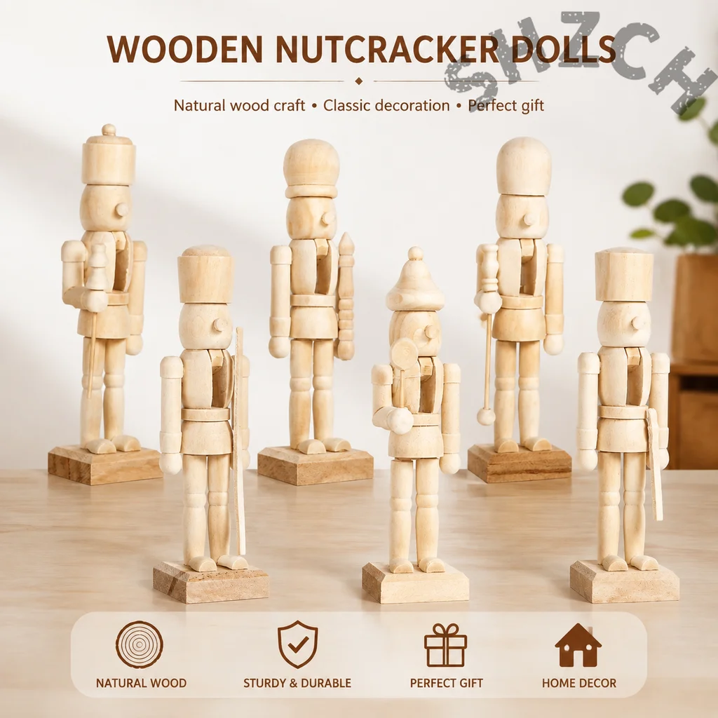 6-Piece Unpainted Wooden Nutcracker Soldier Figurines for DIY Christmas Decor & Home Display