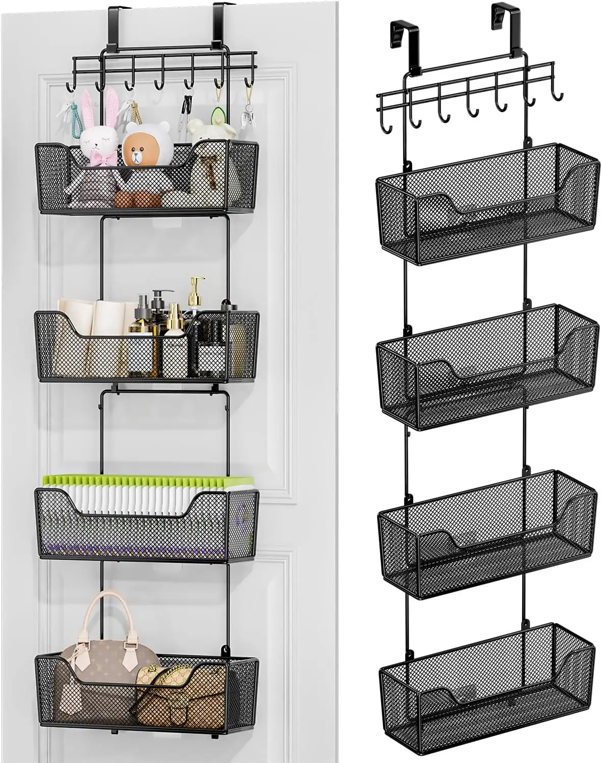 

Over The Door Organizer - Hanging Door Organizer with 4 Metal Large Capacity Baskets and Adjustable Coat Hook, Behind Door for