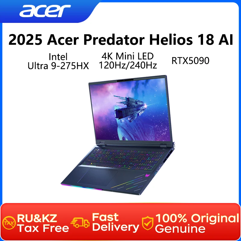 2025 Acer Predator Helios 18 AI كمبيوتر محمول للألعاب 18 بوصة 4K Mini LED 120 هرتز شاشة Netbook Ultra 9-275HX 64GB 3TB RTX5090 Notebook