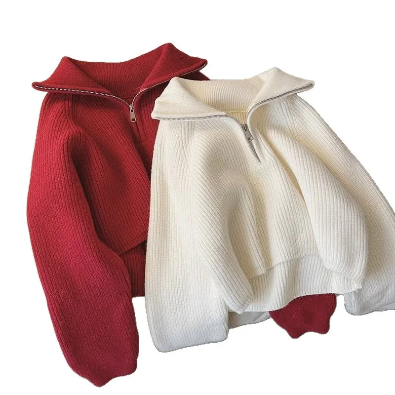 FL-suéter con cuello de media cremallera para mujer, jerséis de punto suave, Jersey corto de manga larga, traje de moda coreana para adolescente Y2k
