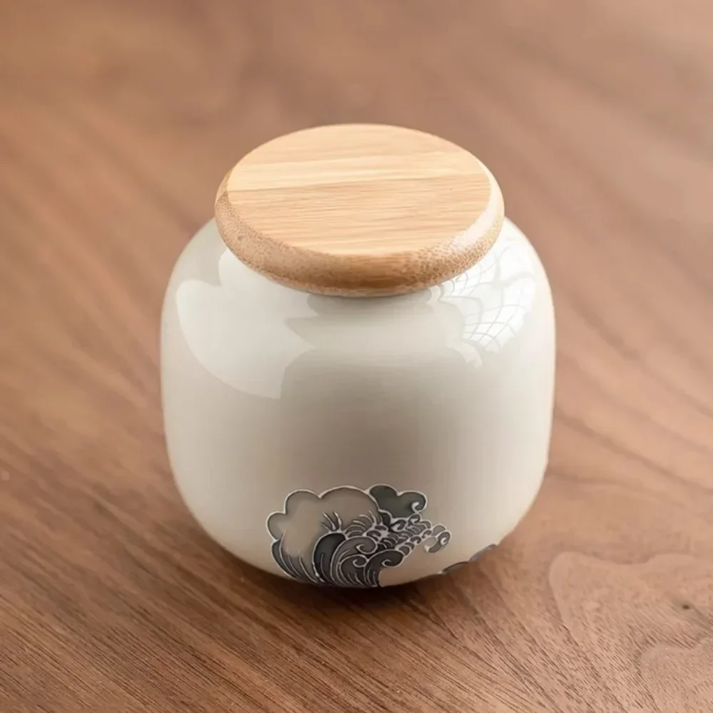 Creative Relief Wave Ceramic Tea Jar Moisture-proof Food Storage Container Tabletop Decoration Jar Wooden Lid Sealed Box Decor