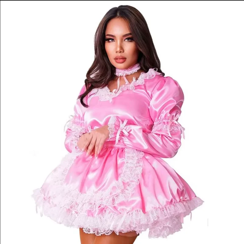 

Adult Giant Baby Sexy Girl Pink Thin Silk Sissy Long Sleeve Dress White Lace Edge Bow Tie Maid Makeup Ball Customization