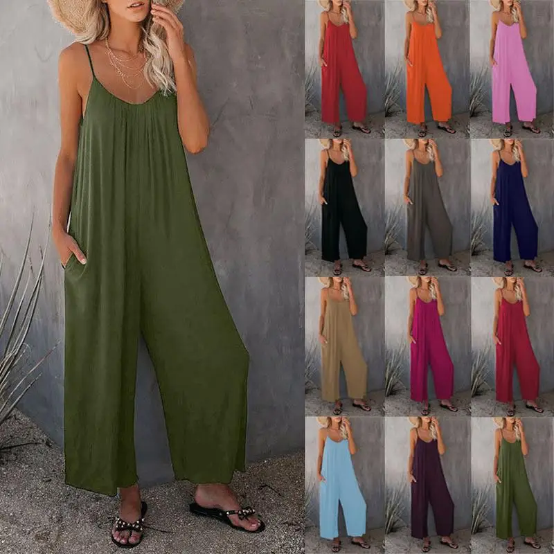 Summer New Women's One-Piece Rer Casual Pure Color ket Design Strap Suit Long Pants Polyester Fiber Faion Set