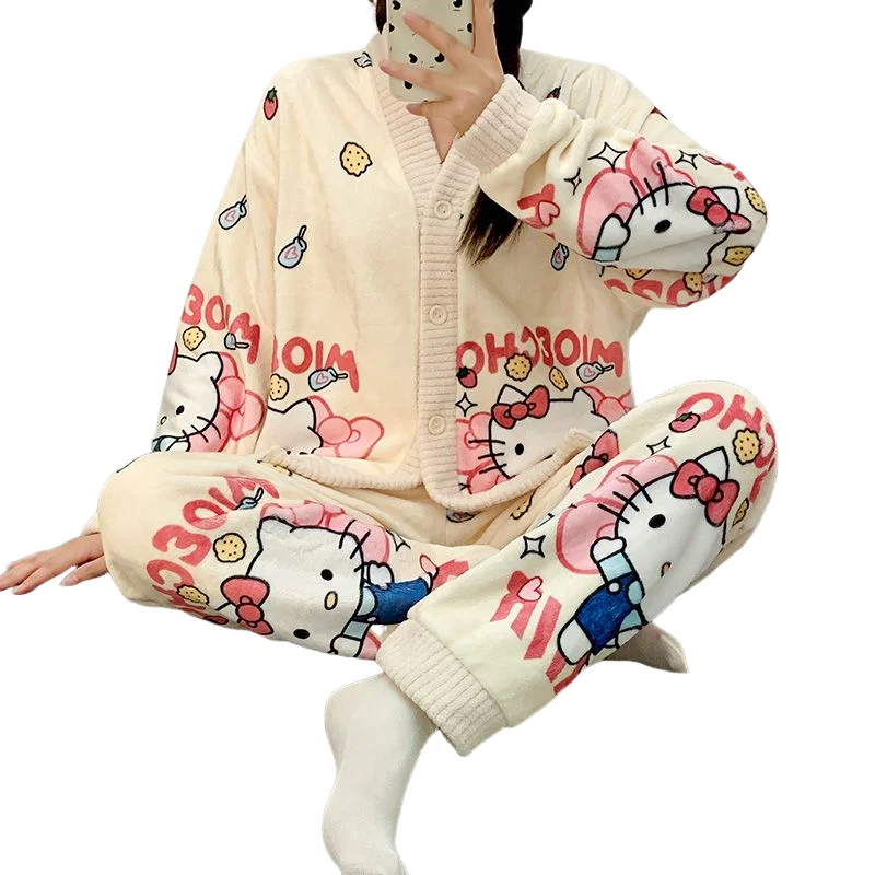 Kawaii ملابس المنزل 2 قطعة مرحبا كيتي محبوك منامة الشتاء فضفاض كسول نمط الصوف موضة تنوعا نصف طول كم مجموعة