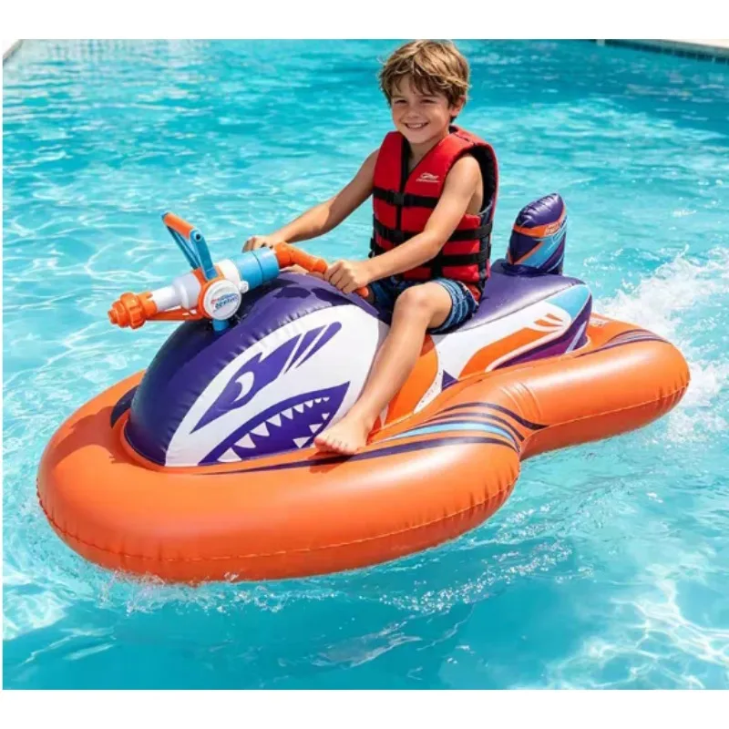 Kids Inflatable Jet Ski Float Ride on With Water Gun Large Size Summer Pool Beach Water Play Toy for Children and Adults