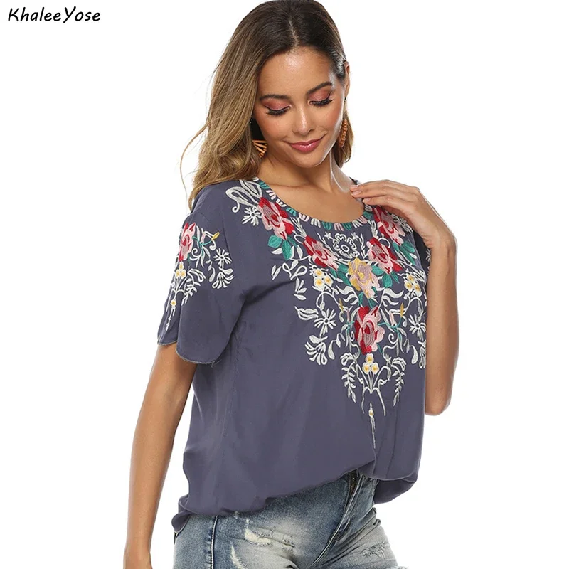 KHALEE YOSE Floral Embroidery Blouses Top Loose Summer Boho Mexican Women Shirt Short Sleeve 23xl Ethnic Hippie Shirt Blouse