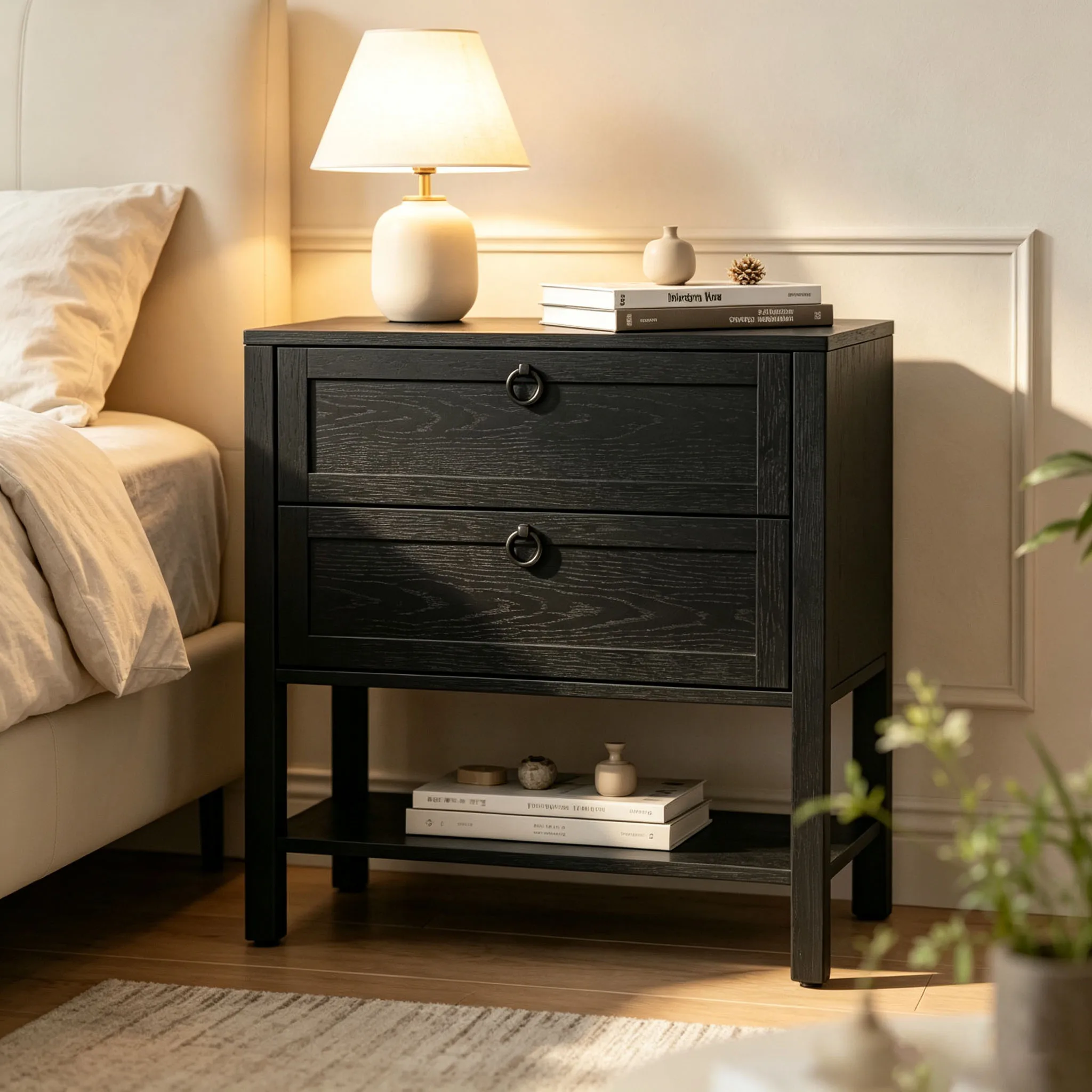 Chyannmoo Nightstand with Charging Station 2-Drawer Wooden Side Table Farmhouse Bedside Cabinet with USB Ports & AC Outlets Solid Wood Grain End Table for Bedroom Living Room Office