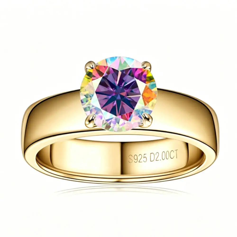 925 Sterling Silver Round Cut D VVS1 Moissanite Four Prong Solitaire ABcolor Purple Green Ring Classic Wedding Band Fine Jewelry