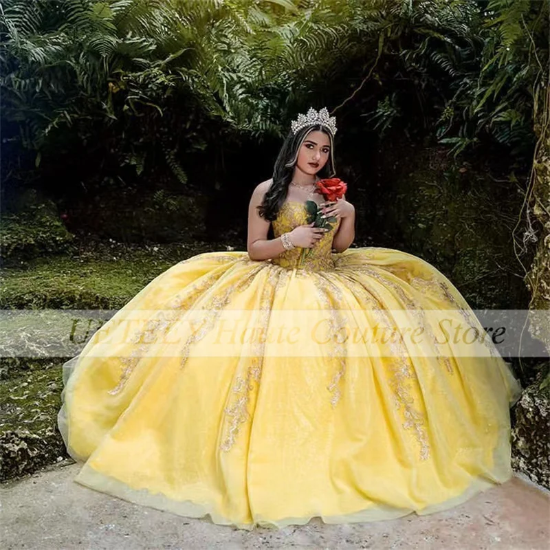 Gaun Quinceanera Formal Kuning untuk Gaun Malam Vestidos De Fiesta Manik-manik Gadis Manis Gaun Pesta Sayang dengan Manik-manik