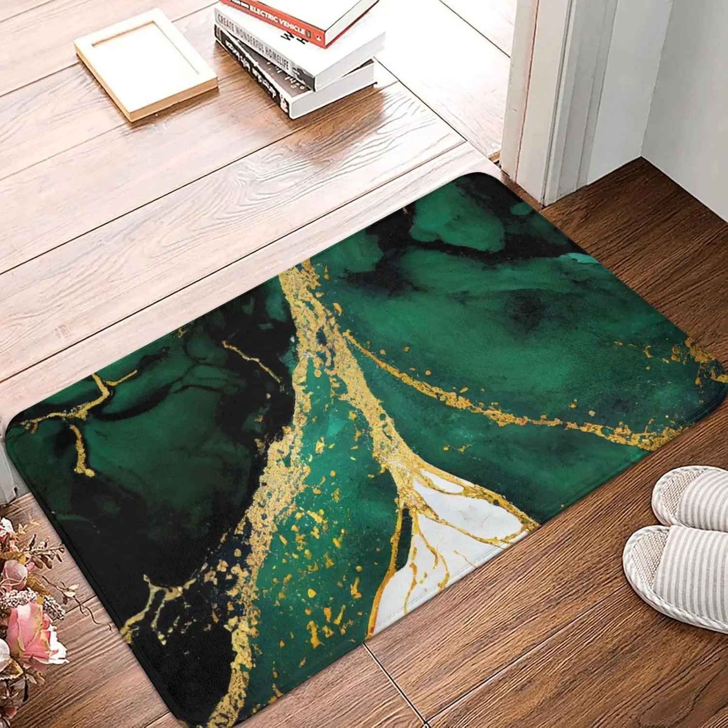 Tapis de bain en marbre vert émeraude doré – Tapis absorbant et antidérapant pour salle de bain, cuisine, chambre à coucher et décoration intérieure/extérieure