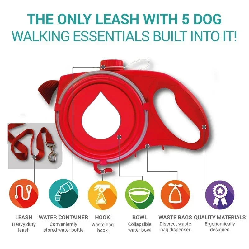 Multifunction Pet Dog Strong Leash with Built-in Water Bottle Bowl Waste Bag Dispenser For Big Small Medium Dog